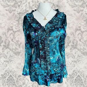 Dressbarn Teal Blue Floral Ruffle Boho Y2K Pleated Flare Long Sleeve Women’s XL